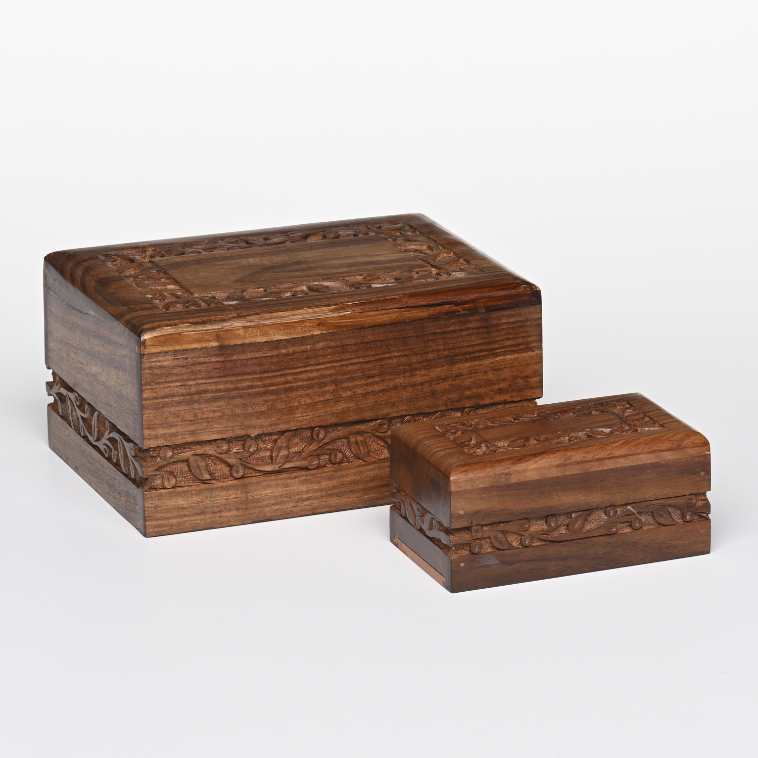 Border Urn | Handcrafted Wooden Cremation Urn with Jasmine Leaf Carving